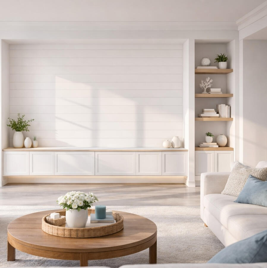 White shiplap accent wall with white oak built-in shelves in Cape Coral coastal living room